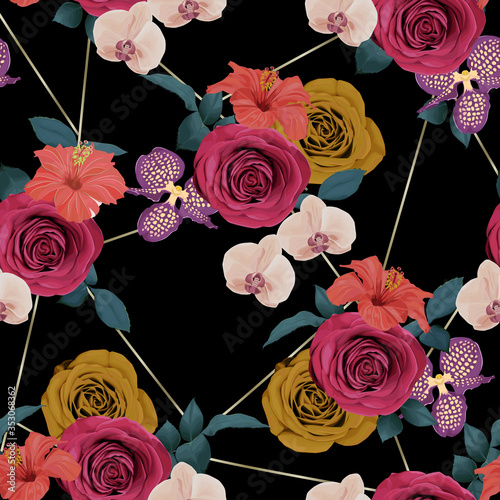 Abstract fashion background. Seamless floral pattern with red, yellow roses, hibiscus, orchid and gold elements. Vector illustration. Vintage style. Retro print