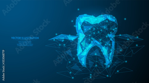 A healthy tooth with roots growing from under the gums. Close-up dental concept, oral hygiene. Innovative medicine and technology. 3d low poly wireframe model vector illustration.