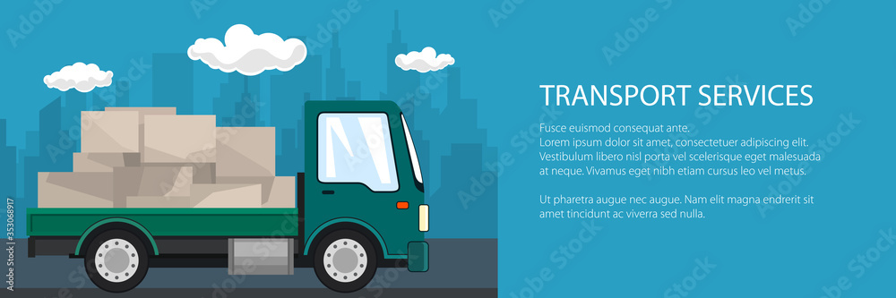 Banner of delivery services, green small cargo truck with boxes on the road, logistics, shipping and freight of goods, vector illustration