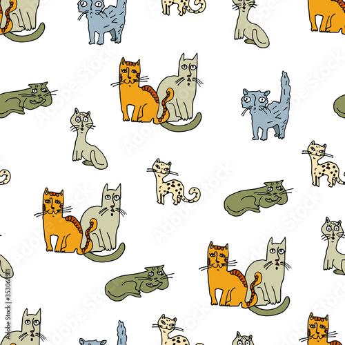 Seamless pattern with cats on a white background. Fancy cats with different emotions. Cartoon style. Stock illustration. Design for wallpaper, fabric, textile, packaging.