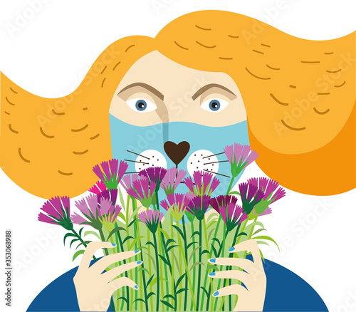 Woman in a mask with a muzzle holding a bouquet of cornflowers