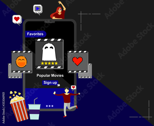 A flat vector banner of mobile movie concept. Composition with a smart phone and movie category, surrounded by people, popcorn and drinking.