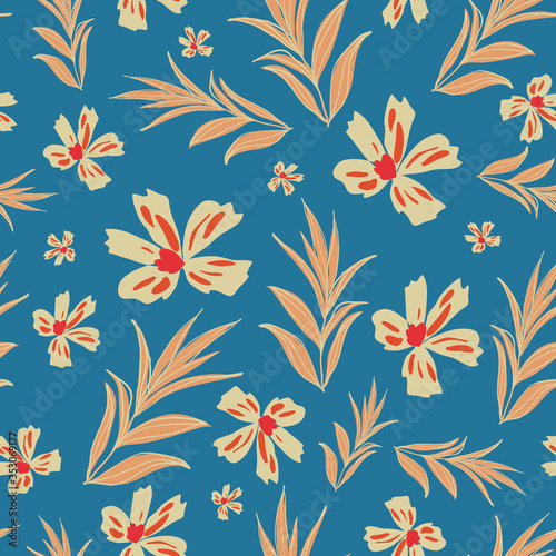 Abstract floral vector seamless repeat pattern, with 70's color schemes, orange, blue, teal color theme,on-trend floral designs perfect for fabrics,, wall paper, and home decor products