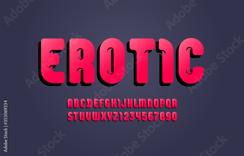 Red bold font, trendy beautiful alphabet in the erotic style, modern red letters and numbers for your design, vector illustration 10eps