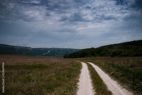 Dirt road among the spring field. Before the storm