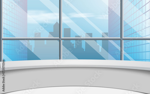 white table in a news studio room with city in the day time