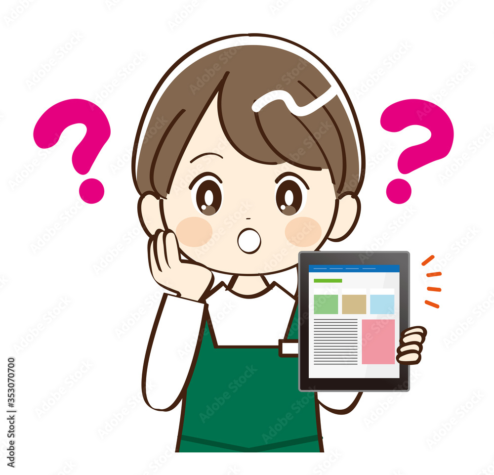 女性、店員、タブレット、疑問 女性、店員、タブレット、疑問