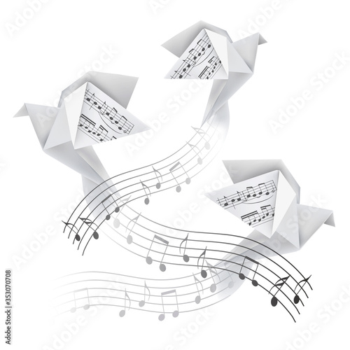 Three Origami doves with musical notes. 
Stylized illustration of paper pigeons on wave with musical notes. Poetic musical motif. Vector available.