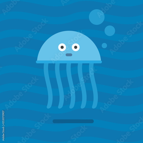 Jellyfish at sea. Cartoon illustration, flat style.