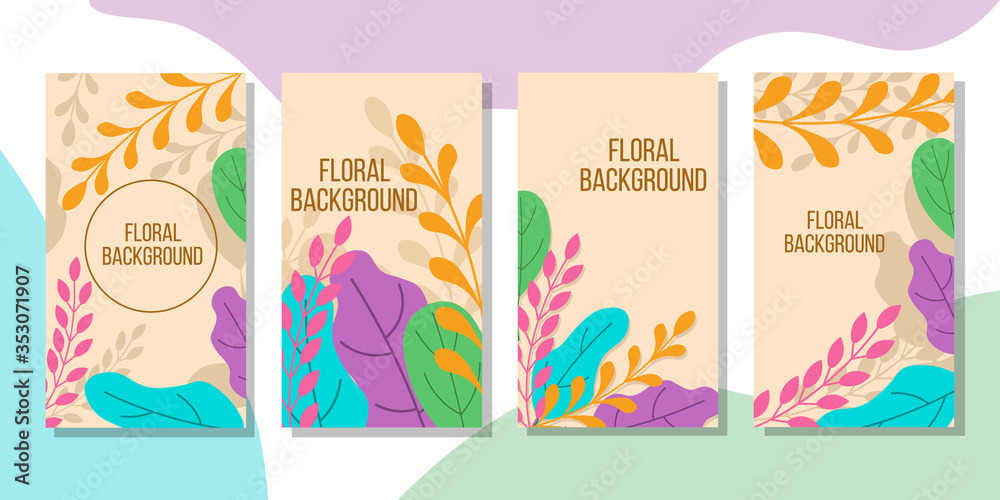 Fototapeta Set of vertical floral background for web mobile design. Abstract leaves in flat style on wallpaper. Summer vector banner for social network stories with text space.