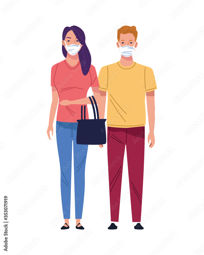 young couple using medical masks characters young couple using medical masks characters