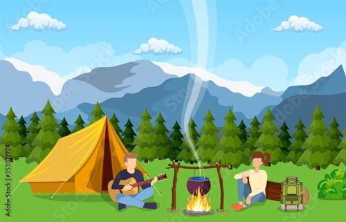 Group of young people are sitting around campfire. Young tourists  campers cartoon characters. Man playing guitar. Vector illustration in flat style