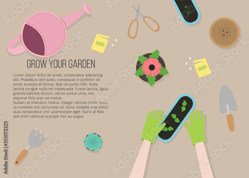 Vector illustration in flat cartoon style of hands and garden tools top view. For poster, design of page site, web and advertising banner, article,  card or flyer, promotion, mailing.