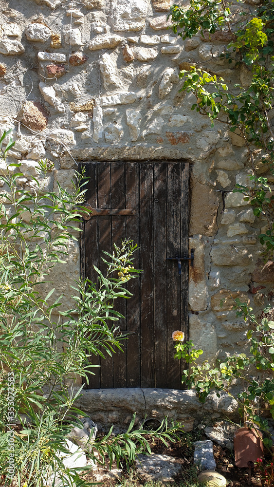 Stare zniszczone drewniane drzwi do piwnicy w winnicy w Prowansji we Francji. - obrazy, fototapety, plakaty 