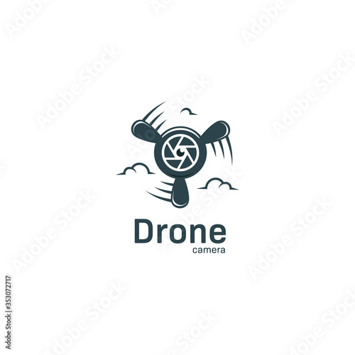 Drone Camera logo with lens icon and plane propeller logo for aerial videography and photography studio agency