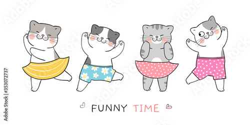 Draw funny cat for summer holiday and party on the beach.