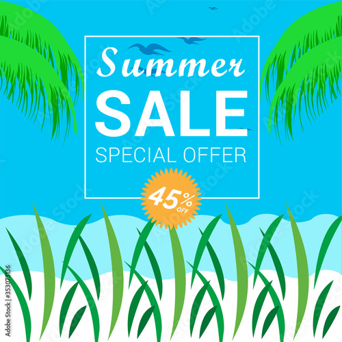 Summer sale special offer up to 45 percent advertising banner. Vector elements for discount flyer, promotion, web banner and poster design