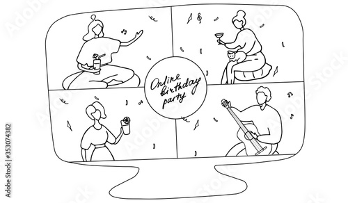 Internet party. Friends from different countries can chat and celebrate. Family event online. Remote communication. Linear doodle vector ullistration