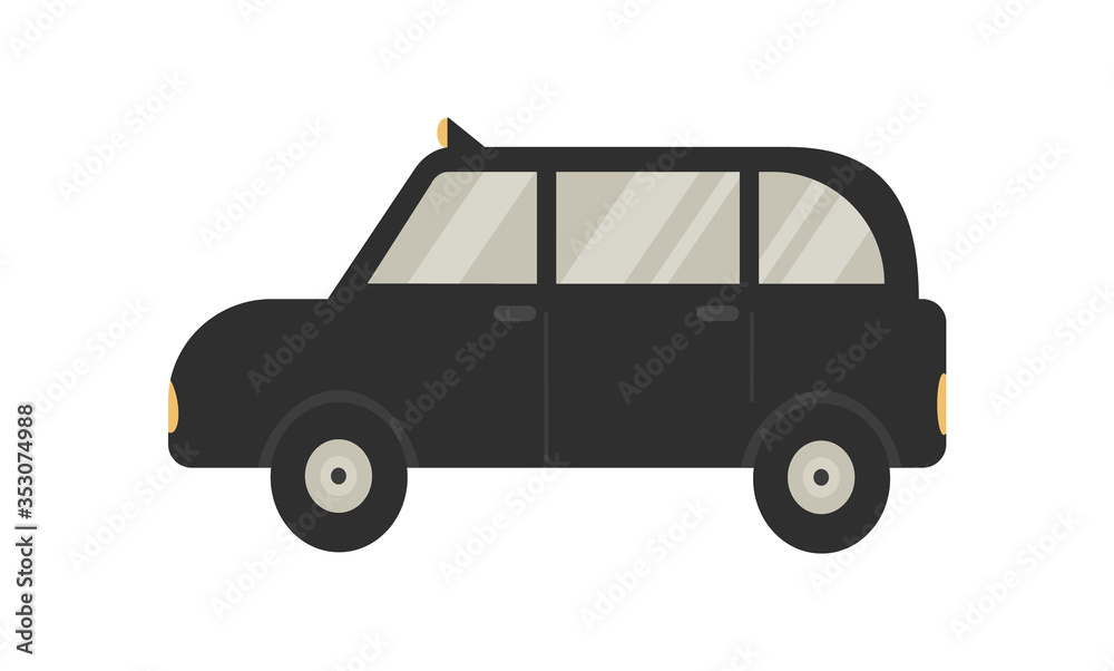 An icon of flat black taxi cab in cartoon style. Business vector illustration on isolated white background. Car service.