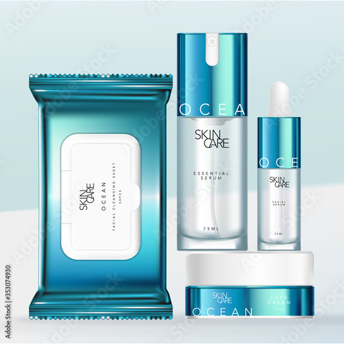 Vector Metallic Blue & White Design Beauty, Medical Skincare or Toiletries Packaging Set with Pipette or Dropper Bottle, Tissue or Cleansing Sheet Packet, Pump Bottle & Jar.