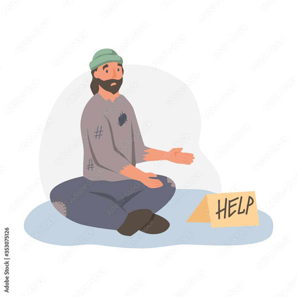 A homeless man begs on the street. The concept of poverty, misery, unemployment, volunteers. Flat cartoons vector illustration.