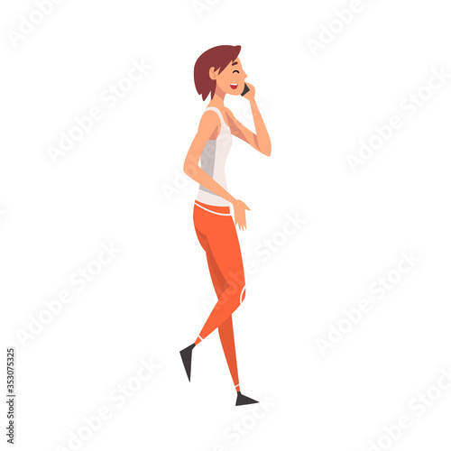 Girl Talking on Mobile Phone While Walking, Young Woman Using Digital Gadget Vector Illustration