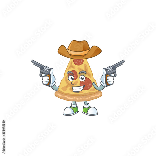 A masculine cowboy cartoon drawing of slice of pizza holding guns