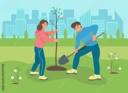 A young man and woman plant a tree in the Park. The concept of gardening, garden tools, spring. Flat cartoon vector illustration.