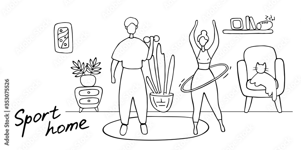 Man and woman working out in home. Family couple training at home. Husband and wife doing sports. Doodle vector illustration
