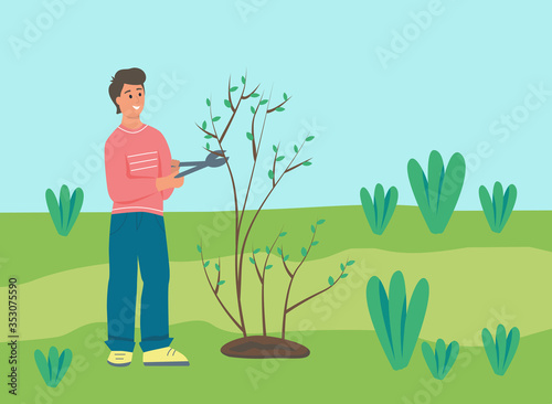 Gardening on the farm. A young man works in the garden, a farmer cut a tree. Flat cartoon vector illustration.