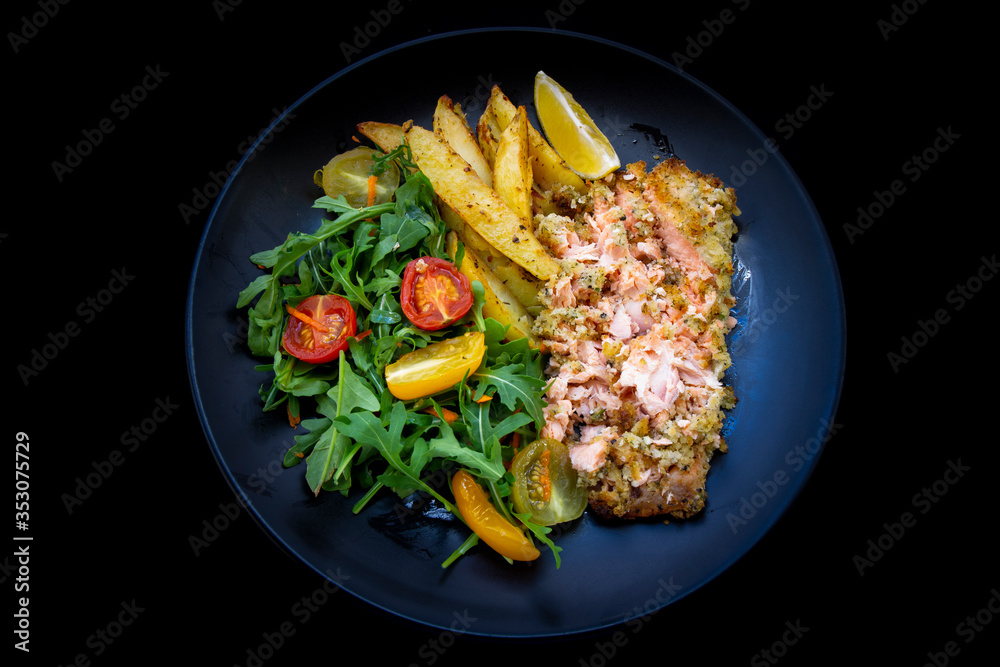 Lemon Herb Marinate Salmon covered Breadcrumb with chips Lemon Herb Marinate Salmon covered Breadcrumb with chips