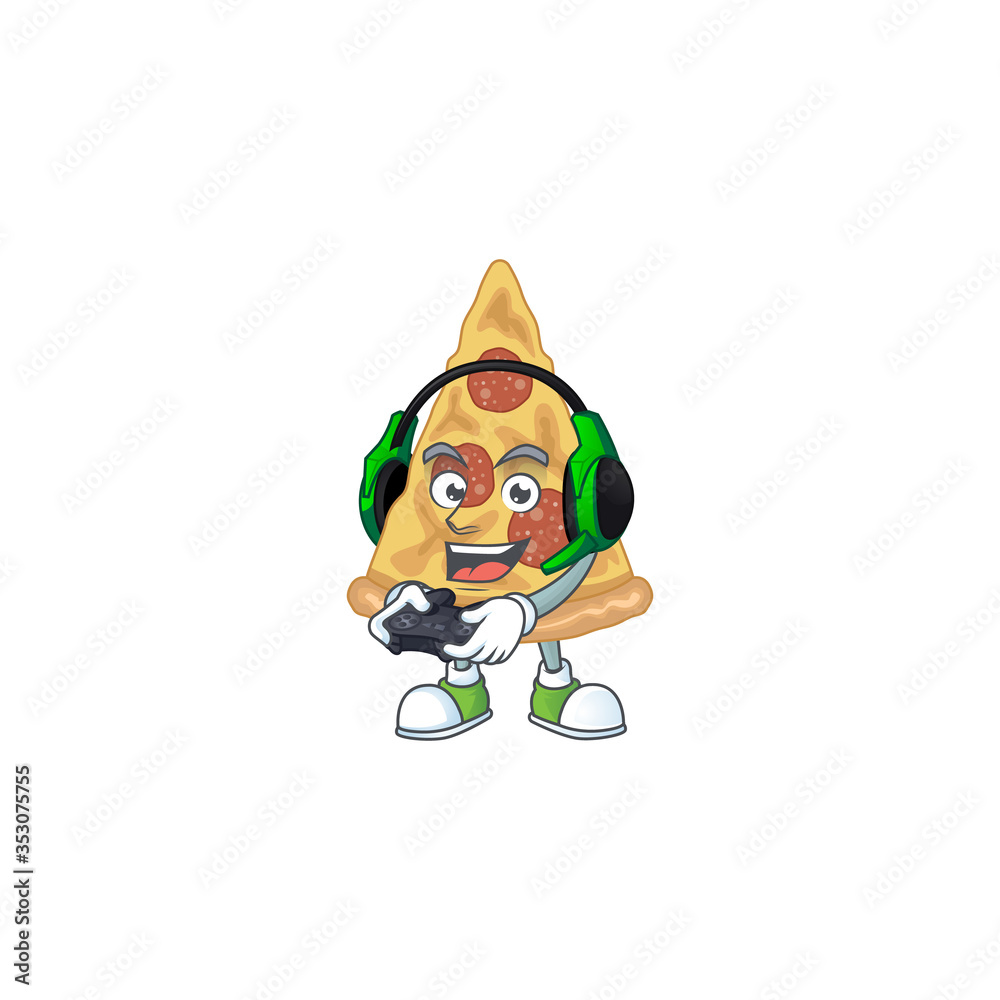 A cartoon design of slice of pizza clever gamer play wearing headphone - obrazy, fototapety, plakaty 
