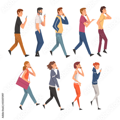People Talking on Smartphones While Walking Set, Young Men and Women Using Digital Gadgets Vector Illustration