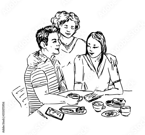 Friends happy talking while drinking coffee, hand drawn doodle, drawing in gravure style, sketch illustration