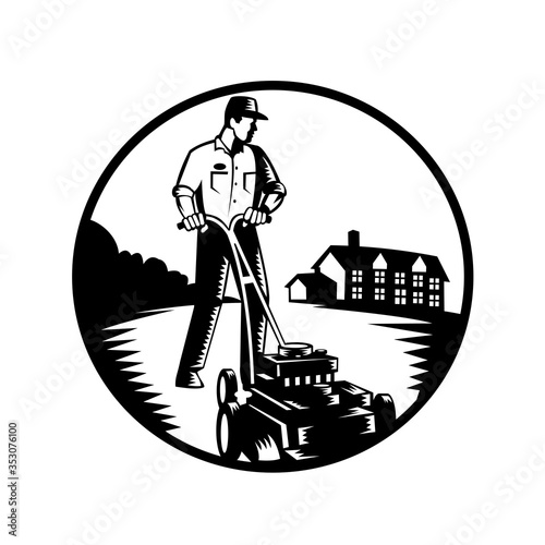 Gardener Mowing With Lawn Mower Woodcut Retro Black and White