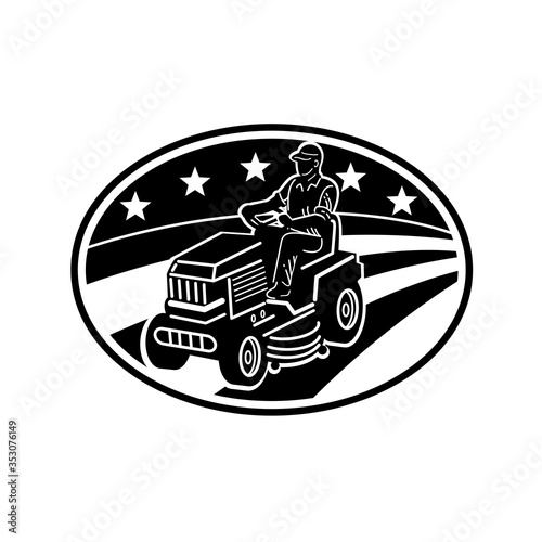 American Gardener Mowing Lawn Ride-on Mower Retro Black and White
