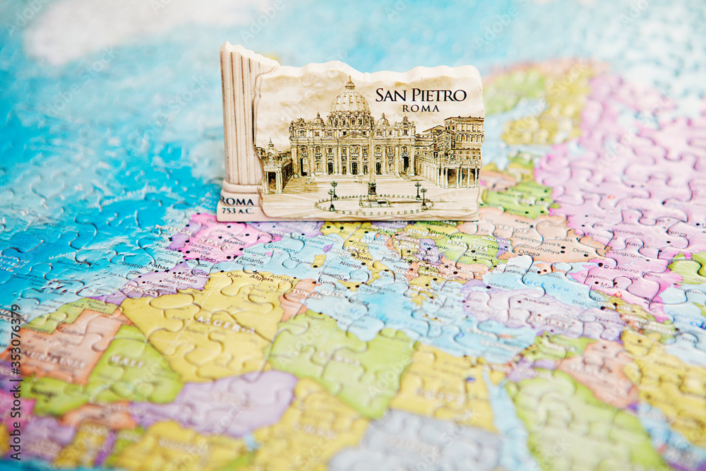 Tourist attractions and souvenir of Italy on background map of world of puzzles for travelers. Copy space