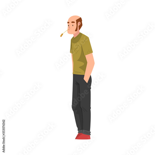 Bald Mature Man Standing with Grass in his Mouth, Man Spending Time in Expectation Cartoon Vector Illustration