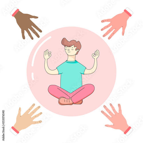 young guy is sitting inside a transparent glass bubble and the hands of different people are reaching for him.The concept of personal boundaries,social distance, personal space.vector illustration.