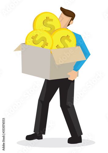 Businessman holding a box of giant coins