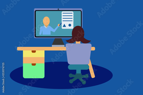 Learning from home. Idea for avoid corona virus infection. Vector design illustration in flt style