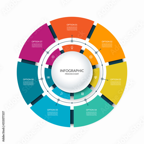 Infographic circular chart divided into 7 parts. Step-by step cycle diagram with seven options.