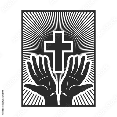 Hands with shining holy cross. Design element for logo, label, emblem, sign, badge. Vector illustration