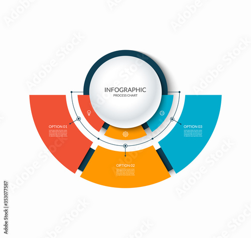 Infographic semi circular chart divided into 3 parts. Step-by step diagram with three options.