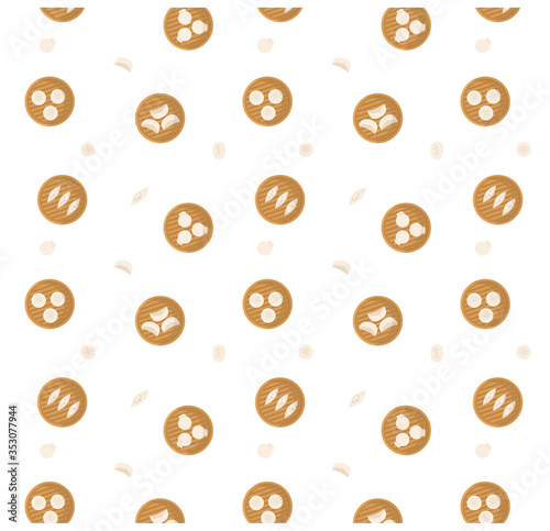 Dumplings served in bamboo steamer pattern. Dimsum, gyoza, momo, asian cuisine seamless background. Vector flat. 