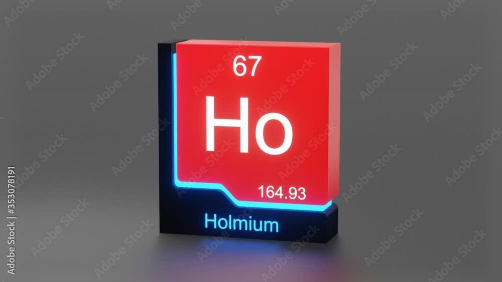 Holmium, periodic table element 3D animation, modern educational red icon with blue neon light Holmium, periodic table element 3D animation, modern educational red icon with blue neon light