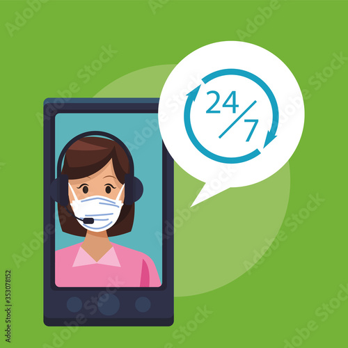 call center support female worker wearing medical mask