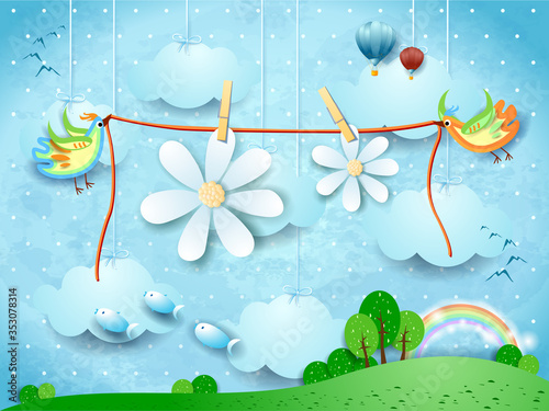 Surreal landscape with flying birds and hanging flowers