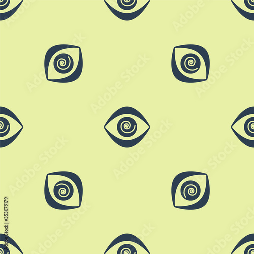 Blue Hypnosis icon isolated seamless pattern on yellow background. Human eye with spiral hypnotic iris. Vector Illustration