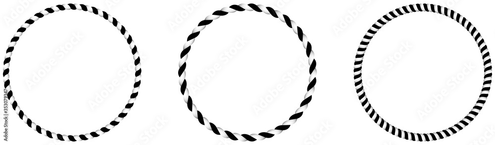 Seil oder Kordel Kreis Kollektion in einem schwarz und weiß Verlauf als Vektorauf einem isolierten weißen Hintergrund.